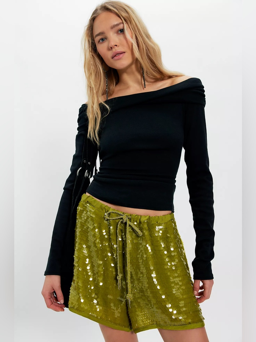 Free People Olive Sequin Drawstring Athletic Shorts